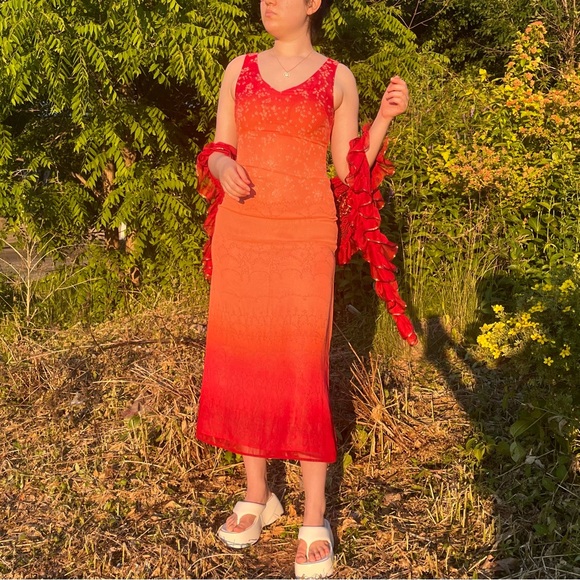 Vintage Orange-Pink Ombré Fitted Maxi Dress - Picture 4 of 12